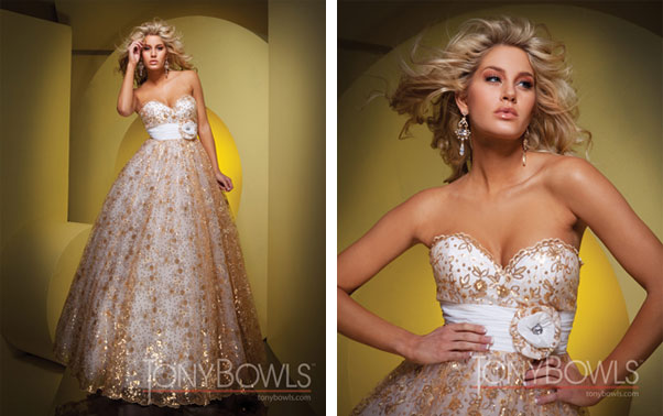 Rochie de seara alb cu auriu Tony Bowls Elite Mariaj Bucuresti